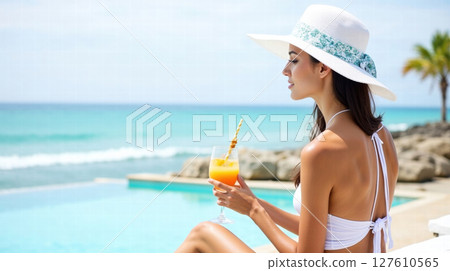 Woman in white bikini sitting by a pool 127610565