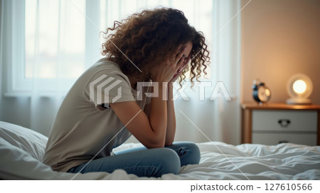 a sad woman sitting on her bed 127610566