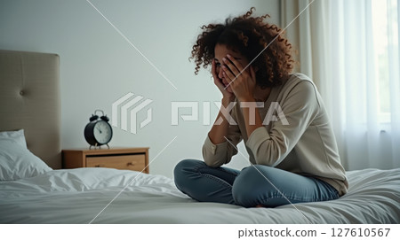 a sad woman sitting on her bed a sad woman sitting on her bed 127610567