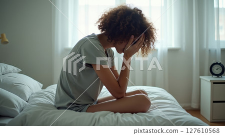 a sad woman sitting on her bed a sad woman sitting on her bed 127610568