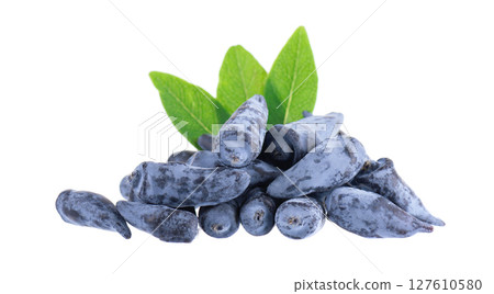 Honeysuckle berry isolated on white background. Fresh honeysuckle blue berry fruits with green leaves. Clipping path. Honeysuckle berry isolated on white background. Fresh honeysuckle blue berry fruits with green leaves. Clipping path. 127610580