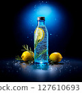 A bottle of water with large drops on it. Inside is a slice of lemon. Mineral and useful for the body 127610693