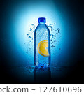A bottle of water with large drops on it. Inside is a slice of lemon. Mineral and useful for the body 127610696