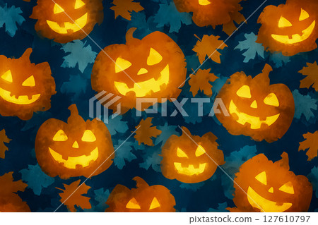 Textured Halloween background with blue pumpkins and autumn leaves - perfect for advertising banners 127610797