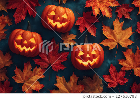 Textured Halloween background with blue pumpkins and autumn leaves - perfect for advertising banners 127610798