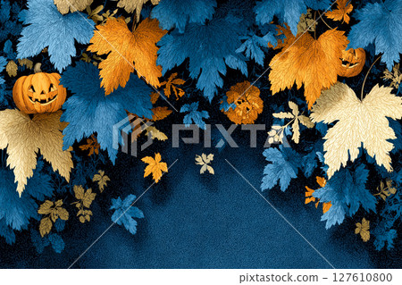 Textured Halloween background with blue pumpkins and autumn leaves - perfect for advertising banners 127610800