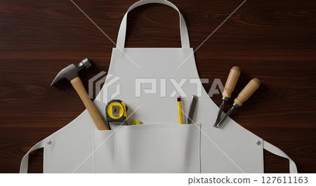 Blank, empty work apron mockup, with carpenter tools in front pocket on wooden background, 3d rendering, Isolated handyman branding template. 127611163