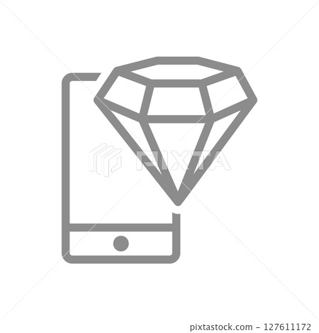 Diamond over smartphone line icon. Premium mobile services, exclusive apps, or luxury tech symbol. Vector illustration 127611172