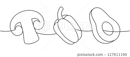 Fresh mushroom, bell pepper, avocado one line continuous drawing. Fresh organic vegetables. Vector illustration 127611190
