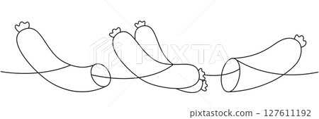 Frankfurters sausages, fresh pork sausages one line continuous drawing. Butcher shop meat. Vector illustration. 127611192