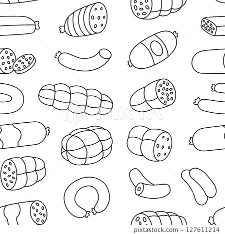 Sausages outline pattern. Butcher shop meat. Butchery menu design template for food market, ecommerce, products promotion. Vector illustration. 127611214