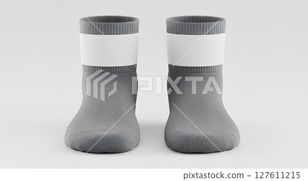 Blank, empty athletic socks mockup, rolled front view with label band, 3d rendering, Isolated sports accessory, ecommerce display template. 127611215