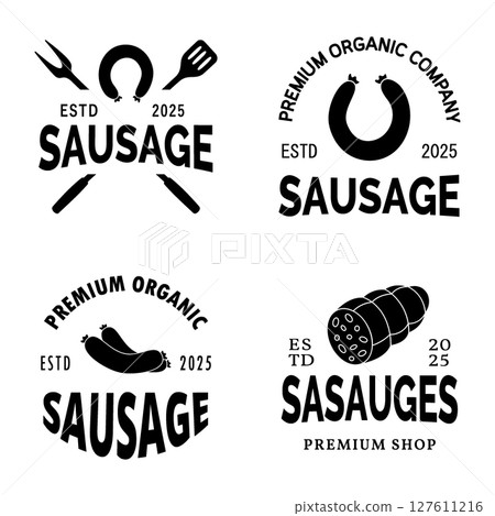 Set of sausages logo template. Fresh raw sausages logotype for food market, ecommerce, organic products promotion. Vector illustration. Set of sausages logo template. Fresh raw sausages logotype for food market, ecommerce, organic products promotion. Vector illustration. 127611216