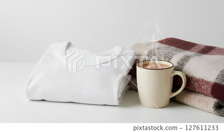 Blank, empty thermal undershirt mockup, folded with blanket and hot cocoa, 3d rendering, Isolated winter base wear branding, comfort wear promo template. 127611233
