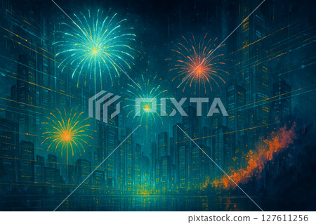 Neon-filled cyberpunk fireworks and a futuristic city - a fantasy nightscape with an oil painting touch 127611256
