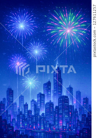 Neon-filled cyberpunk fireworks and a futuristic city - a fantasy nightscape with an oil painting touch 127611257