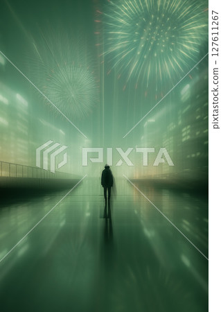 Neon-filled cyberpunk fireworks and a futuristic city - a fantasy nightscape with an oil painting touch 127611267