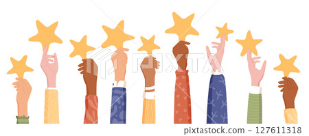 Customer hands holding five stars in creative cartoon graphic style. Positive feedback and review show satisfaction and quality. Clients rate service survey, modern layout for business concept. Customer hands holding five stars in creative cartoon graphic style. Positive feedback and review show satisfaction and quality. Clients rate service survey, modern layout for business concept. 127611318