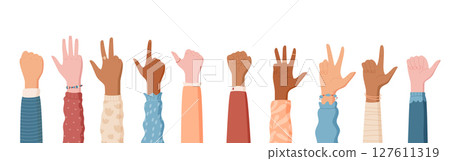 Flat style hand count gesture set. Human figures with fingers posed to signal numbers. Diverse clothes character gestures for counting. Ideal bundle for educational illustrations in a cartoon 127611319