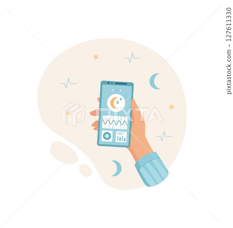 A hand holds a phone displaying a mobile app screen. The user engages with the digital application using simple gesture. This image illustrates communication technology, flat design, and potential 127611330