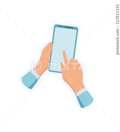 Sticker of hand holding phone. User holds smartphone with blank screen using touch gesture. Digital template illustrates app concepts for modern communication and user interaction. 127611333