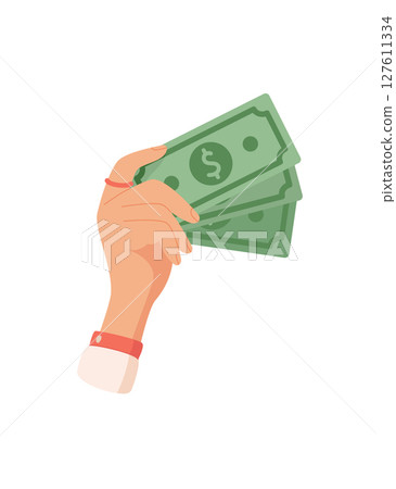 Hand holding money sticker. Human hand grips cash in a flat style. Payment in dollar bills, financial transaction concept, potential usage business and finance themes. 127611334