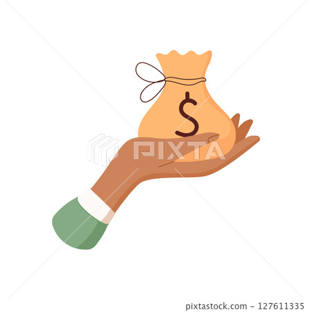 Hand holding money sack. Palm cradles cash bag. Payment concept, flat graphic style, suitable for finance content and visual storytelling. 127611335