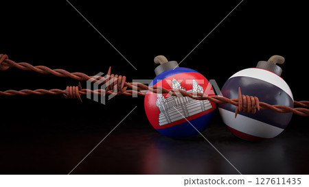 The Thailand and Cambodia flag on Bomb for crisis or war concept 3d Rendering. The Thailand and Cambodia flag on Bomb for crisis or war concept 3d Rendering. 127611435