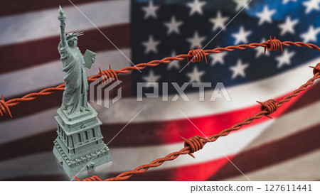 The Statue of liberty and barbed wire on America flag 3d Rendering. The Statue of liberty and barbed wire on America flag 3d Rendering. 127611441