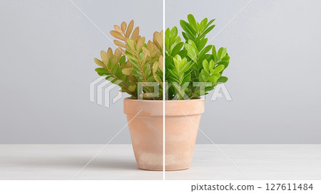 盆栽植物生長前後對比。圖片顯示了植物的生長和恢復情況。 盆栽植物生長前後對比。圖片顯示了植物的生長和恢復情況。 127611484