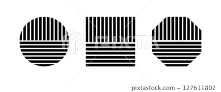 Set of stripy round, square and octagon forms. Black striped geometric shapes isolated on white background. Minimalistic design elements. Vector graphic illustration Set of stripy round, square and octagon forms. Black striped geometric shapes isolated on white background. Minimalistic design elements. Vector graphic illustration 127611802