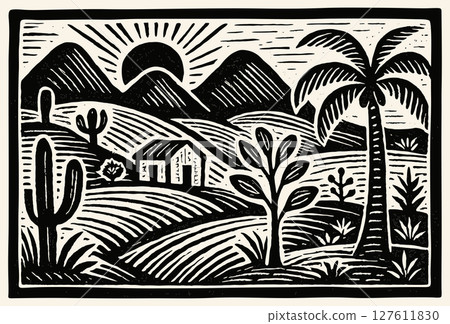Landscape with cacti, palm, tree, mountains, house and sun. Brazilian northeast cordel vector illustration. Woodcut style. Black and white Landscape with cacti, palm, tree, mountains, house and sun. Brazilian northeast cordel vector illustration. Woodcut style. Black and white 127611830