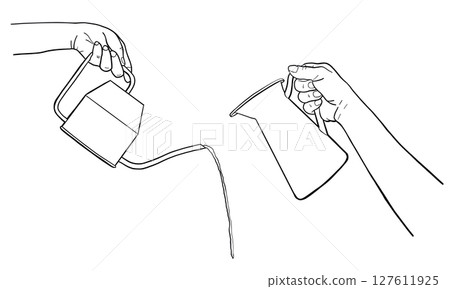 Human Hands Watering Houseplant with Water Can, Hand Drawn Line Vector Illustration 127611925