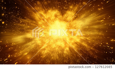 Gold explosion effect, flashy light rays and particles background material 127612085
