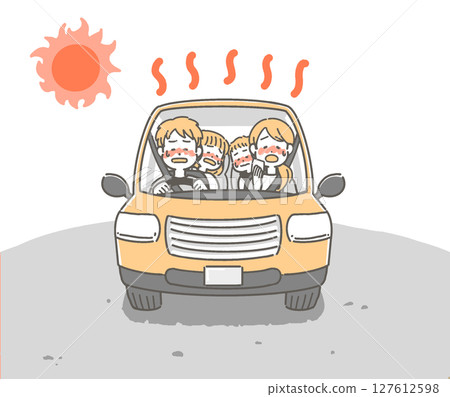 一家人在酷暑中開車/一家人的向量插圖 127612598