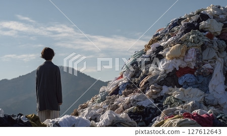 Climber standing on mountain of clothes 127612643