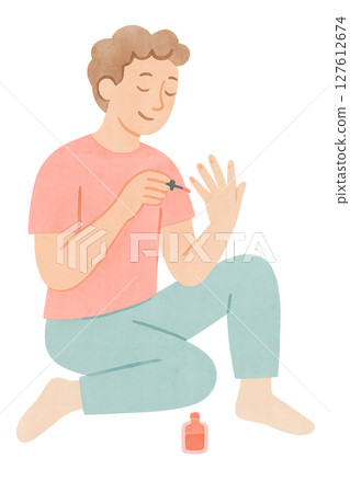 男人塗指甲油水彩插圖透明PNG 127612674