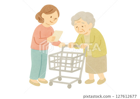 護理人員幫助老人購物的水彩插圖（透明PNG） 127612677