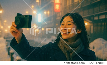 冬日自拍，霧夜漫步溫泉小鎮的霓虹燈下 127612808