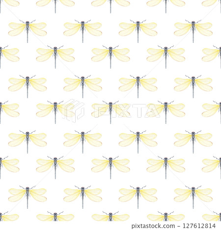 Yellow dragonfly, translucent wings, painted watercolor seamless pattern isolated on white. Ideal for nature branding, packaging, eco-friendly design, stationery, wall art, wedding, baby shower themes 127612814