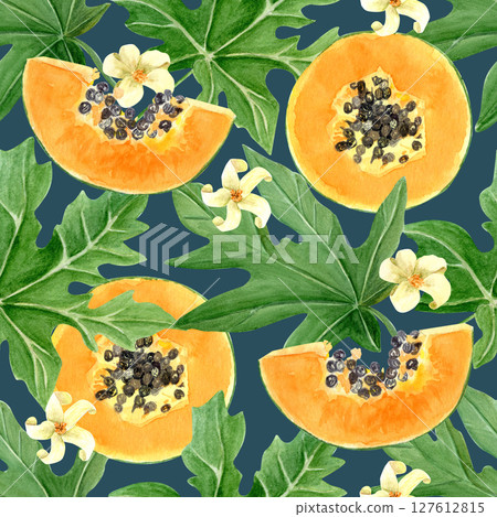 Papaya fruit slice, leaf, flowers watercolor seamless pattern on dark background. Hand drawn illustration perfect for cards, banners, tape, textile, stationary design. Exotic plant clipart. Lush 127612815