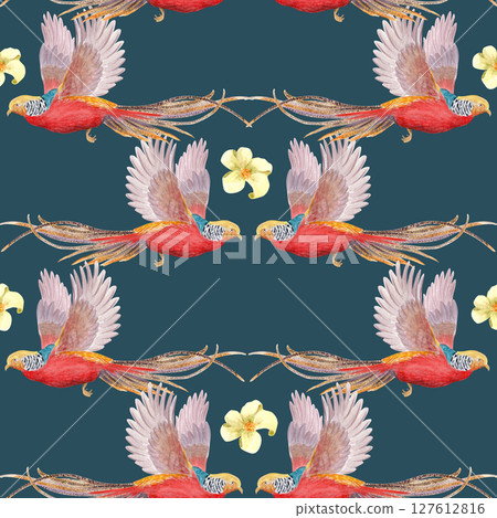 Flying red pheasants and pale yellow flowers on dark background seamless pattern. Hand-painted in watercolor. Ideal for fabric, wallpapers, luxury branding, packaging, and exotic stationery 127612816