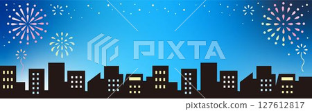 Banner Summer Fireworks Festival Night View Cityscape Building Silhouette Background Frame Wallpaper Illustration Material 127612817
