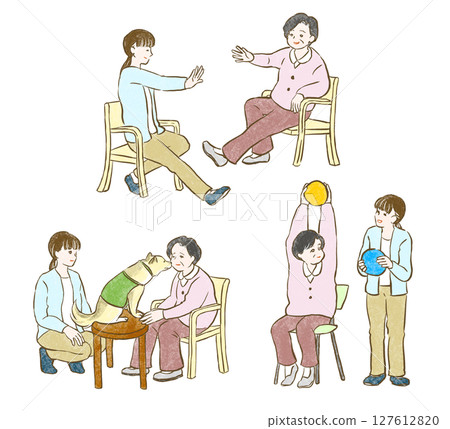 福利與照護：一位年輕女子照顧一位老年婦女的運動和狗療法 127612820