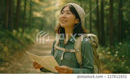 Map adventure, checking the route in the afternoon forest 127612832
