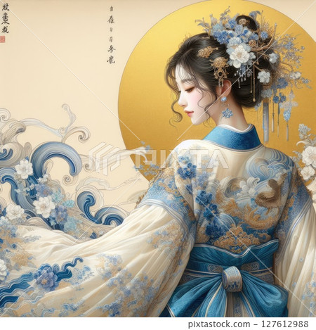 Elegance in Blue: A Portrait of Chinese traditional dress girl with Generative AI. 127612988