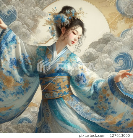 Elegance in Blue: A Portrait of Chinese traditional dress girl with Generative AI. 127613000