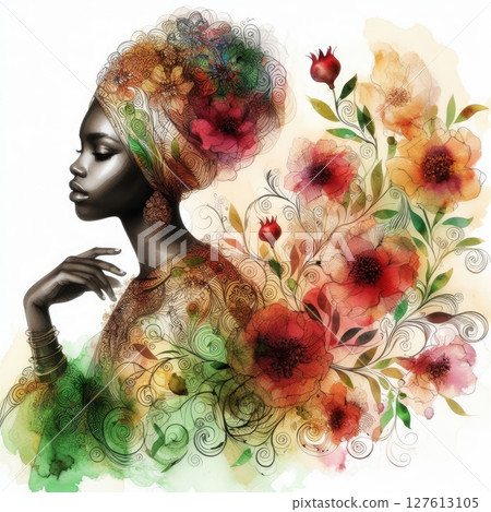 African girl portrait with floral design with Generative AI. 127613105