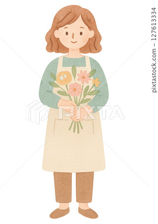 手持花束的圍裙女子全身水彩插圖透明PNG 手持花束的圍裙女子全身水彩插圖透明PNG 127613334
