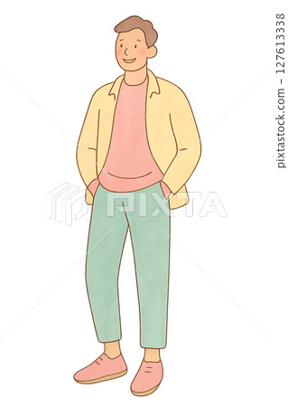 Full-body watercolor illustration of a man wearing pastel-colored clothes (transparent PNG) 127613338